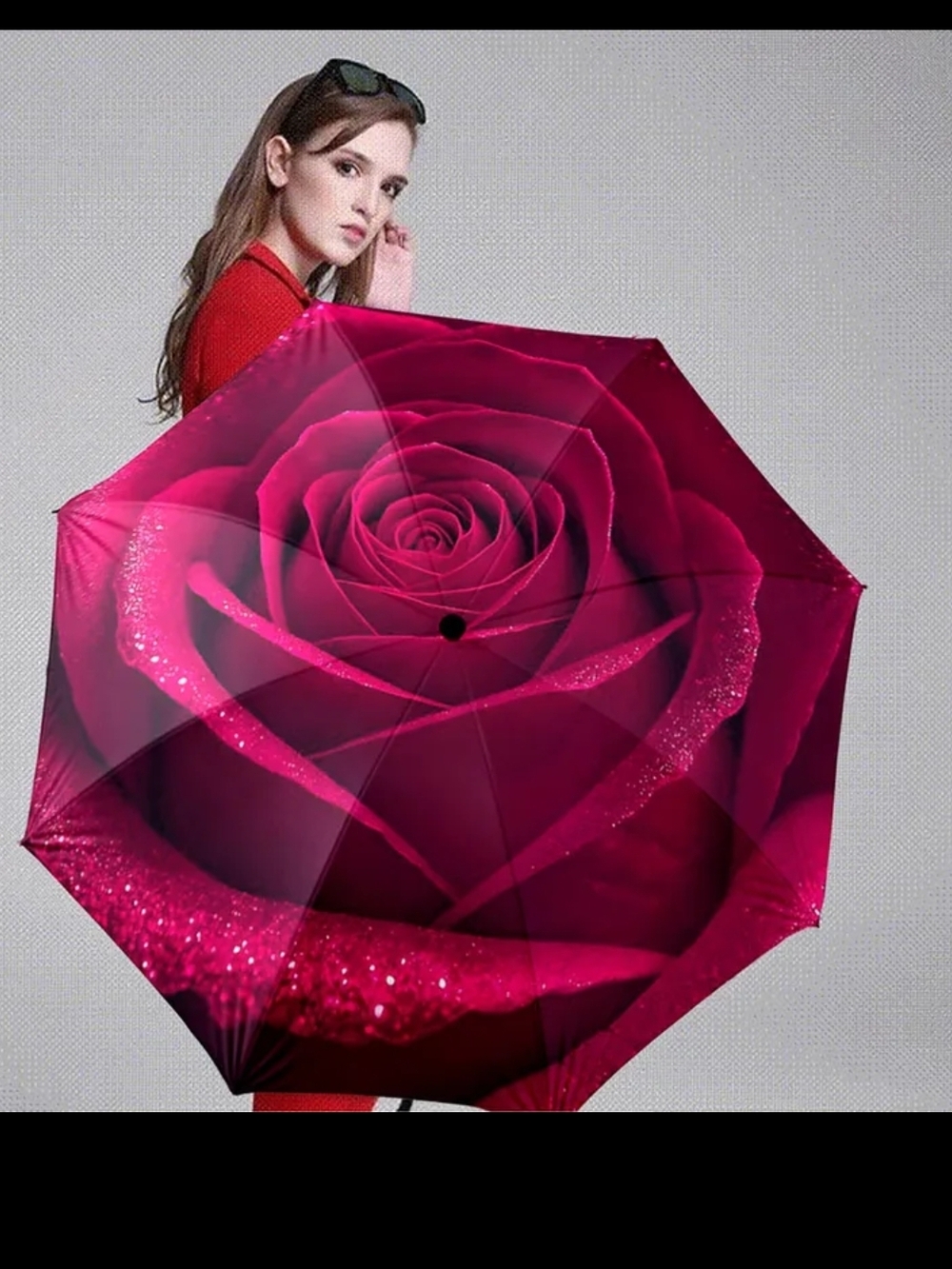 Foldable Rose Print Compact Umbrella - Deep Pink